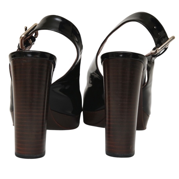 MIU MIU Black Patent Leather Platform Sandals Pumps Peep Toe Heels Buckle Sz 38 - Picture 6 of 12